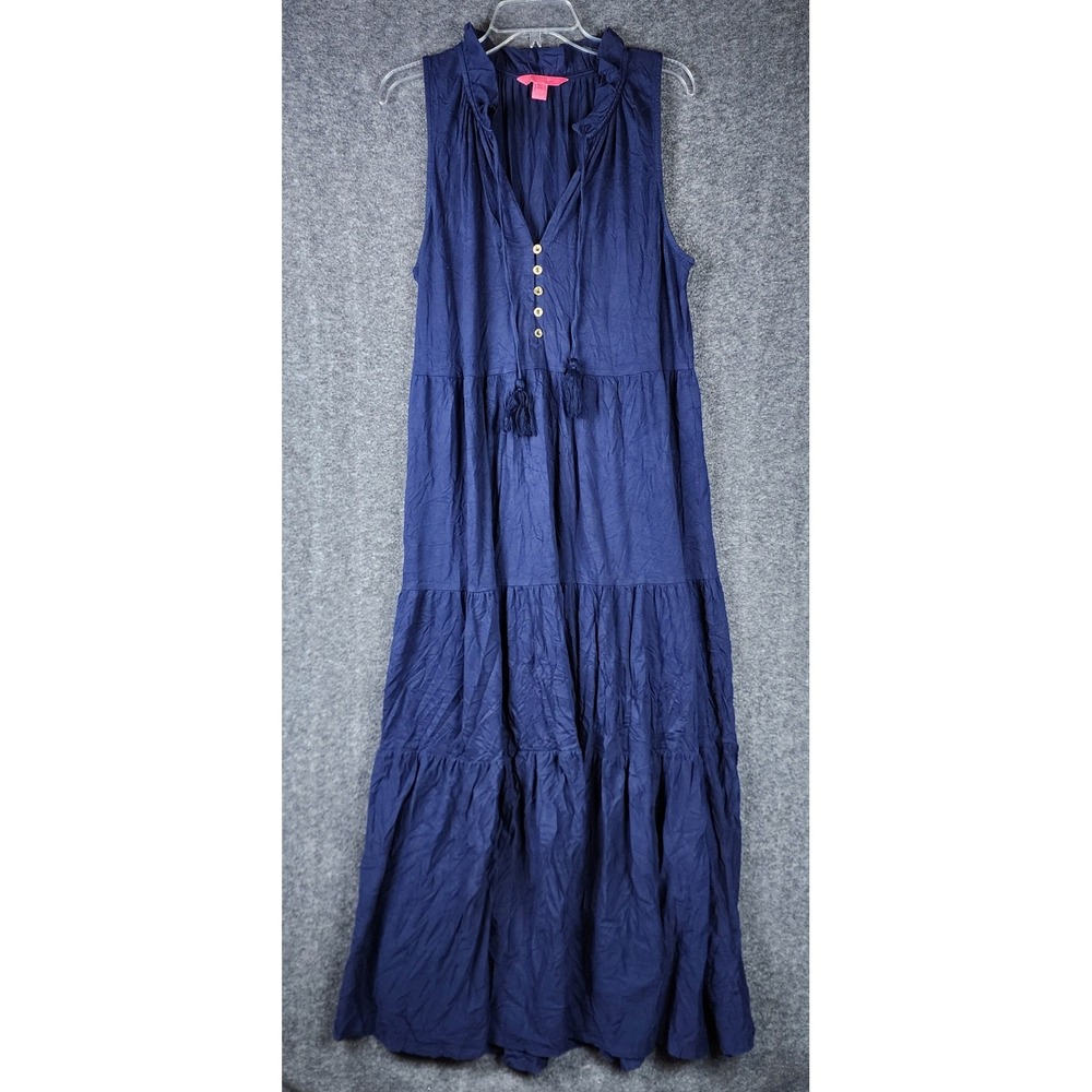Lilly Pulitzer Maxi Dress Womens XL Navy Blue Tiered Ruffle Cotton EUC
